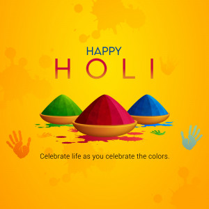 Colorful Happy Holi image with powder piles and handprints