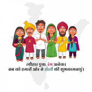 Cartoon illustration of people from different Indian states celebrating Holi with the Indian map in the background.