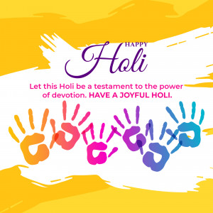 Colorful handprints and 'Happy Holi' text on a white and yellow background