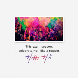 People celebrating Holi with vibrant colors and a text overlay wishing 'Happy Holi'