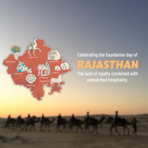Map of Rajasthan with illustrations and camels in the desert