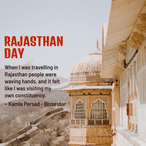 Image celebrating Rajasthan Day with a historical building in the background and text overlay.