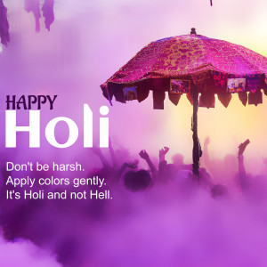 Colorful umbrella and people celebrating Holi festival