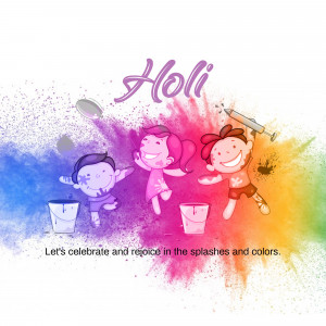 Illustration of children playing Holi with colors and water guns.