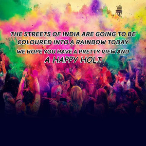 Crowd celebrating Holi festival with vibrant colors and text overlay.