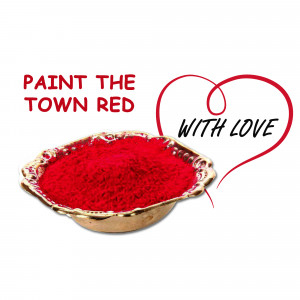 Red powder in a golden bowl with a heart illustration and text