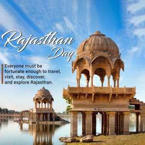 Rajasthan Day image featuring a beautiful palace and water reservoir