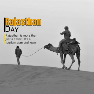 A grayscale image depicting a camel and rider in the Rajasthan desert with text celebrating Rajasthan Day.