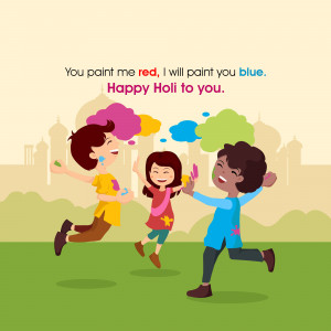 Illustration of children playing Holi with colors and joy.
