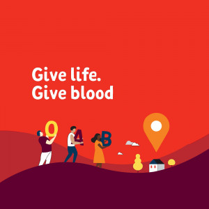 Illustration promoting blood donation with people holding numbers and a location pin.