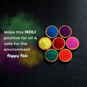 Colorful Holi powders in earthen pots with a message promoting a safe and eco-friendly Holi.