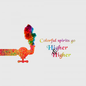 Watercolor painting of a bird with colorful smoke rising from it, with the text 'Colorful spirits go Higher'