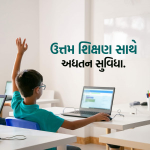 A young student raising his hand while learning on a laptop in a classroom setting.