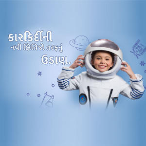 A young child wearing an astronaut helmet and suit, surrounded by space-themed drawings.