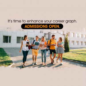 Group of students walking towards a university building with text 'Admissions Open'