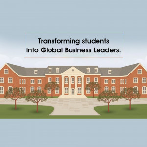 Illustration of a university building with the text 'Transforming students into Global Business Leaders.'