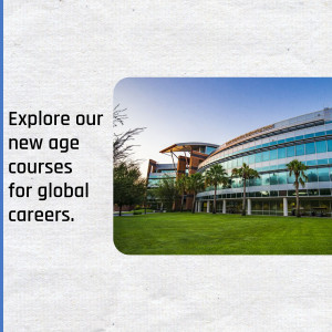 University campus with text overlay promoting new courses for global careers.