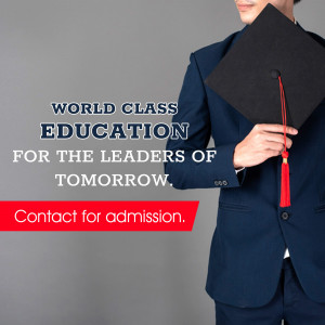 A graduate in a cap and gown with text promoting world-class education.