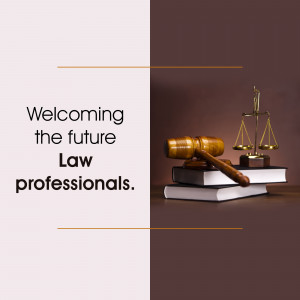Gavel and scales of justice on books with text 'Welcoming the future Law professionals.'