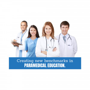 Group of diverse healthcare professionals with text overlay promoting paramedical education.