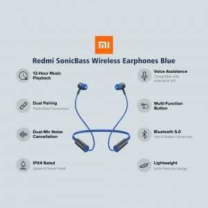 Redmi SonicBass Wireless Earphones in Blue color with feature highlights