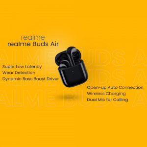 Black Realme Buds Air wireless earbuds in charging case on a yellow background