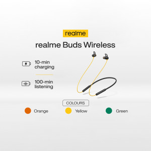 Realme Buds Wireless earphones in orange, yellow, and green colors with charging information.