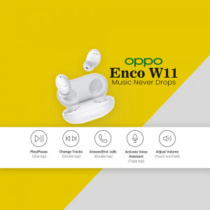White Oppo Enco W11 wireless earbuds and charging case on a yellow and gray background