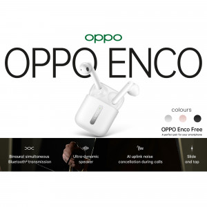 OPPO Enco wireless earbuds in white, pink, and black colors