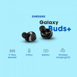 Close-up of Samsung Galaxy Buds+ wireless earbuds in black