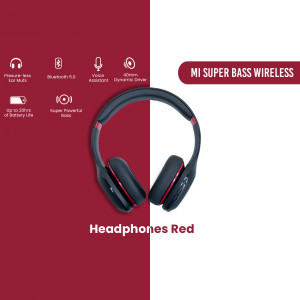 Red Mi Super Bass Wireless Headphones on a red and white background