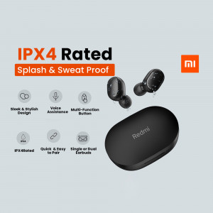 Black Xiaomi Redmi Earbuds 2 Basic with charging case, showcasing splash and sweat proof features.