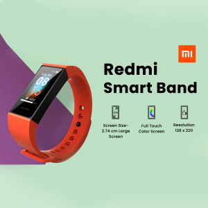 Redmi Smart Band with orange strap displayed on a gradient purple and green background.
