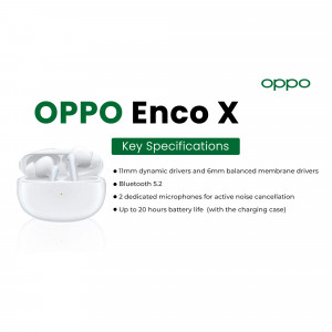 OPPO Enco X wireless earbuds with charging case and key specifications listed.