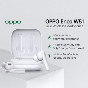 White OPPO Enco W51 wireless earbuds in charging case