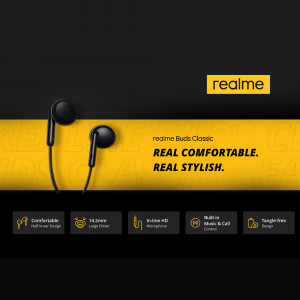 Black Realme Buds Classic earphones on a yellow background