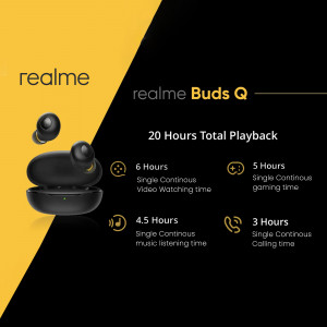 Realme Buds Q wireless earbuds with charging case and battery life details