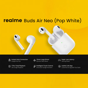 Realme Buds Air Neo Pop White wireless earbuds and charging case