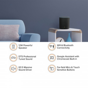 A smart speaker on a shelf in a stylish living room setting