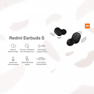 Redmi Earbuds S wireless earphones with charging case and features highlighted
