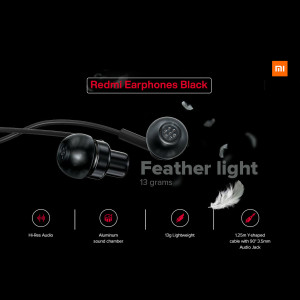 Redmi Earphones in black color with feather light design