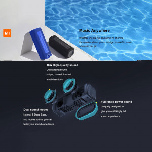 Mi Portable Bluetooth Speaker in a poolside setting with product features highlighted