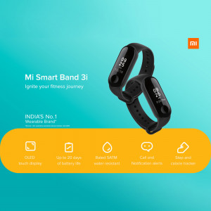 Two Mi Smart Band 3i fitness trackers displayed against a turquoise and yellow gradient background.