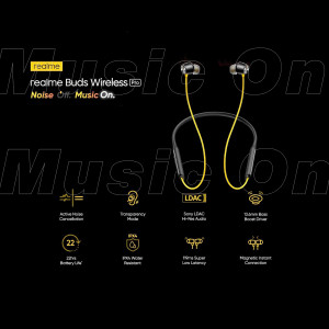 Realme Buds Wireless Pro wireless earphones with yellow accents on a black background