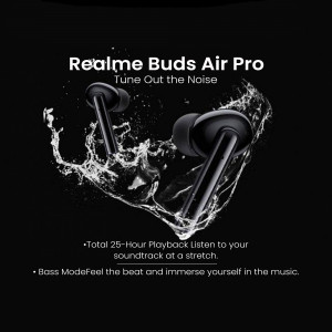 Black Realme Buds Air Pro wireless earbuds with water splash effect
