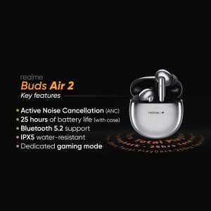 Close-up of Realme Buds Air 2 wireless earbuds and charging case