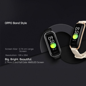 Close-up of the OPPO Band Style fitness tracker with a light-colored strap and a bright AMOLED screen displaying the time.
