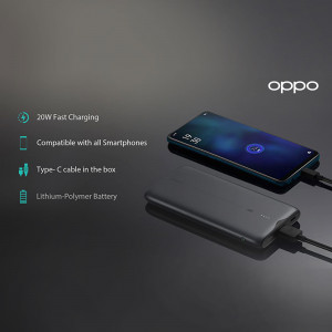Oppo 20W Power Bank with USB-C cable and smartphone charging