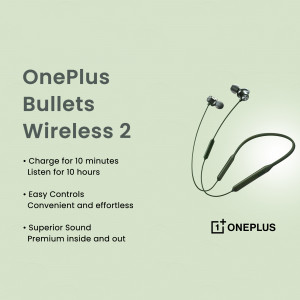 OnePlus Bullets Wireless 2 wireless earphones on a light green background