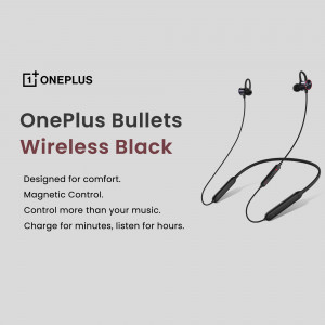 OnePlus Bullets Wireless Black headphones on a grey background